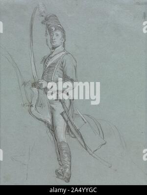 Ein hussar Offizier auf dem Pferd, 1812. Copley links Boston zu Beginn der amerikanischen Revolution im Jahre 1775 und verfolgte den Rest seiner Karriere in England, wo er Unterscheidung sowohl als Porträtist und ein Historienmaler erreicht. In seinen Zeichnungen, nach einer Methode häufig in Frankreich, Copley im Allgemeinen blaues Papier verwendet als mittlerer Ton zu dienen. Er könnte dann schnell arbeiten, bis Sie das Bild mit schwarzer Kreide an Konturen und Schatten, und weiße Kreide für Highlights. Er wahrscheinlich gemacht diese Zeichnung als Studie für eine der Figuren im Hintergrund ein Porträt von König George III (Museum Stockfoto