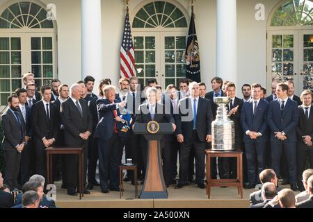 Us-Präsident Donald Trump, Mitte links, schaut auf die St. Louis Blues Teambesitzer Tom Stillman Erläuterungen liefert im Rahmen einer Feierstunde begrüßte die 2019 Stanley Cup professional Ice Hockey Team, die St. Louis Blues, im Rosengarten des Weißen Hauses Oktober 15, 2019 in Washington, DC. Stockfoto