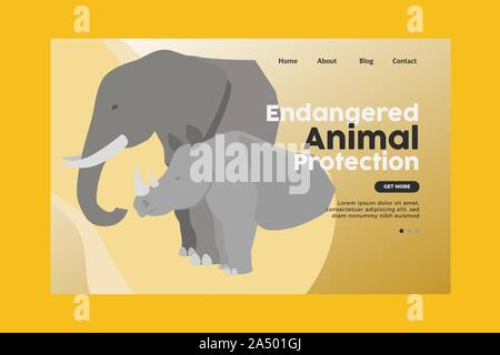 Gefährdete Tier schutz Landing Page. Elefant und Nashorn Vector Illustration Stock Vektor