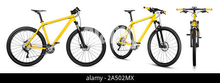 Set Sammlung von Gelb Schwarz 29er Mountainbike mit dicken Offroad Reifen. Fahrrad mtb cross country Aluminium, Radfahren sport Verkehr Konzept isolieren Stockfoto