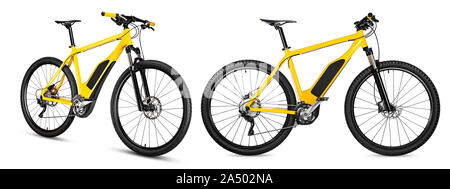 Xellow ebike Pedelec mit batteriebetriebenen motor fahrrad Mountainbike moutainbike. Ökologie modernes Verkehrskonzept auf weißem Hintergrund Stockfoto