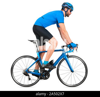 Professionelle Fahrrad road racing Radfahrer racer Blau Sport Jersey auf Light Carbon race aus dem Sattel Aufstieg hinauf klettern Position sport tra Stockfoto