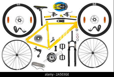 Alle Einzelteile Komponenten der gelb schwarz moderne Aluminium Mountainbike mtb Offroad sport fahrrad auf weißem Hintergrund Stockfoto