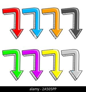 Nach-unten-Pfeile. Farbige Symbole in Hand gezeichnet doodle Stil Stock Vektor