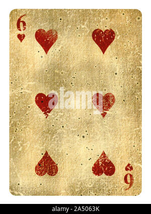 Sechs der Herzen Vintage Playing Card - isoliert auf weißem (clipping path enthalten) Stockfoto