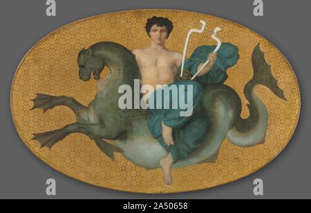 Arion auf einem Sea Horse, 1855. Diese Bilder sind aus einer Reihe von acht Werke, Anatole Bartholoni beauftragt, die 29-jährige Bouguereau für seine Paris Zuhause zu schaffen, in der modischen Pompejanischen dekoriert - Revival Stil. Die Gemälde Antike römische Designs emulieren. Scharfe, Cut-out Formen sind gegen einen goldenen Hintergrund in Nachahmung des Mosaik gemalt. Arion war eine antike griechische Dichter, der den Tod durch das Reiten auf dem Rücken der Meeresbewohner, die durch das Lied des Dichters angezogen worden war entkommen. Im begleitenden Bild, ein bacchante &#x2014; eine weibliche Verehrer der Weingott Bacchus &#x2014; reitet ein Pa Stockfoto