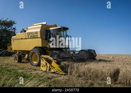 Ein New Holland TX65 Mähdrescher bei der Ernte an einem sonnigen Tag. Stockfoto