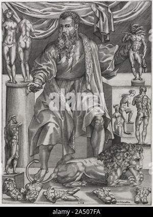 Baccio Bandinelli, 1548. Dieses Bild fördert die stolzen florentinischen Bildhauer Bandinelli in heroischen Bedingungen. Er sitzt wie ein Riese unter den antiken Statuen, die Quellen der Inspiration, die er beherrscht. Ein Löwe Tränen in einen Block aus Marmor mit seinen Zähnen und symbolisiert Bandinelli &#x2019;s gewaltige Macht über das Material seiner Kunst. Er das Fell trägt gesäumten Deckmantel einer gut gekleideten Gentleman und veranschaulichen die erhöhten sozialen und intellektuellen Status Künstler während der 1500s erreicht. Der Dolch-förmigen Querschnitt auf seinem Hemd bezieht sich auf seine Ritter im Orden von Santiago, eine religiöse Vereinigung reserviert für Nr. Stockfoto