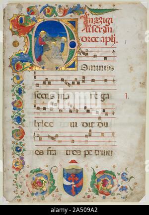 Bifolium ausgeschnitten aus einem antiphonar: Initial D [Firma Ominus Iesus] mit der Berufung des Petrus und Andreas, C. 1425-1450. Das Ereignis dargestellt in diesem Historisierte Initiale kommt aus dem Evangelium des hl. Markus (1:16-18). Es erzählt die Geschichte von Jesus am Ufer des Sees von Galiläa, sah er Simon [Petrus], und Andreas, seinen Bruder, die warfen ihre Netze aus. Jesus den Brüdern rief seine Anhänger zu werden. Abweichend von der Tradition, der Strahler hat Christus bartlos dargestellt, vielleicht vorschlagen, das Ende seines eigenen Lebens. Die Rubriken (rot Erläuterungen) oberhalb und Rig Stockfoto