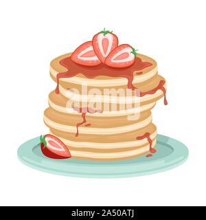 Ein Stapel von frittierten Pfannkuchen mit Erdbeeren und Erdbeermarmelade. Leckeres Frühstück. Cartoon Vector Illustration. Stock Vektor