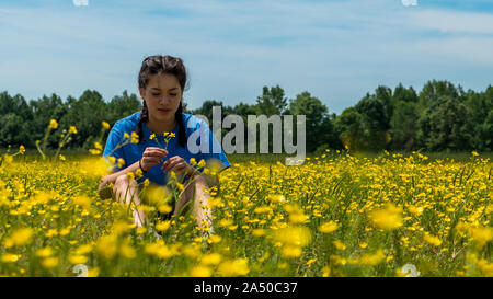 Jugendlich Mädchen sitzen im großen Feld Holding und gelbe Blumen und Bäume im Hintergrund Stockfoto