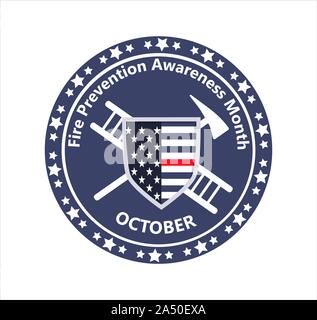Brandschutz ßtsein Monat wird im Oktober in den USA organisiert. Leiter, Werkzeuge, ein Schild mit der amerikanischen Flagge gezeigt. Stock Vektor