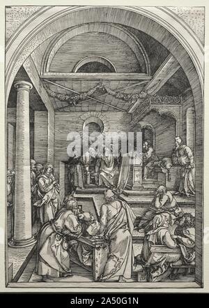 Christus streiten mit Ärzten, C. 1503-1504. Diese beiden Holzschnitte (1959.99.16-17) verfügen über Ereignisse, die in beide, Maria &#x2019; s und Jesus &#x2019;s Leben. Die erste ist eine Szene, in der Maria findet Jesus, nach Tagen des Suchens, sprechen aus hinter einem Rednerpult in den Tempel &#x2019;s, die Ältesten. Der zweite bezieht sich auf die momentan Maria gezwungen war, Abschied von ihrem Sohn zu sagen, als er nach Jerusalem Blätter und letztlich auf die Ereignisse der Passion. Dieser Ausdruck repräsentiert die traurige Episode der Serie wie Maria kniet, bat Jesus zu bleiben. Stockfoto