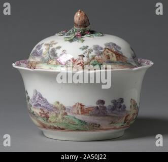 Überdachte Sugar Bowl (Sucrier Couvert), 1745 - 1748. Darin wurden die Schüssel ist einer der frühesten erhaltenen Beispiele von Vincennes Porzellan. Seine Dekorationen, insbesondere die Lacey Grenzen, der Einfluss der Meißener Porzellan zeigen, aber bereits, eine individuelle Note ist in der extremen Feinheit und koloristischen Zurückhaltung der Malerei der Landschaft Szenen getroffen. Stockfoto