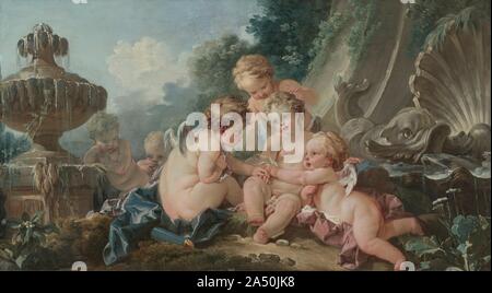 Amor in der Verschwörung, 1740 s. Diese beiden Gemälde, Musik und Tanz und Amoretten in der Verschwörung, sind sicherlich Teil einer Serie von Gemälden, die Tür in einem Haus installiert gewesen wäre. Aber, wo die Platten wurden ursprünglich installiert oder in Betrieb genommen, sie bleibt unbekannt. Sie sind ein Beispiel für die Verschmelzung von Kunst und Kunstgewerbe, die in Elite interior design im Rokoko Frankreich üblich war. Obwohl die Gemälde waren Teil der Wand Dekoration der Zimmer, die Gönner wählte Fran &#xe7; ois Boucher, einem bekannten Maler von Porträts und Szenen, sowie mythologische und religiöse Stockfoto