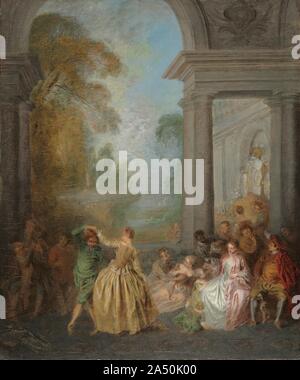 Tänzer in einem Pavillon, 1720. Jean-Baptiste Pater war der einzige Schüler des frühen 18. Jahrhunderts Künstler Antoine Watteau (1684-1721). Nach Watteau's Tod, Pater beendete einige Kompositionen seines Lehrers und kopiert sie zur Fortpflanzung. Aufgrund dieser Assoziation, Pater war in der Lage, auf die Popularität der fê zu nutzen; te galante Genre erfunden von Watteau. Dieses Genres war auf der fê tes durch die Aristokratie, die Eintönigkeit des Lebens am Französischen Hof zu entkommen, und zeigen die gleiche Unterhaltung: Unterhaltung, Musik, Tanz und die Suche nach der Liebe. Tänzer in einem Pavillon ist Stockfoto