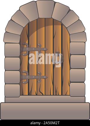 Schloss Tür mittelalterlichen Vektor Cartoon Stil mit klassischen, antiken Tür Scharniere und soliden Steine isoliert auf Weiss. Dekoration für Cartoon Requisiten und Clip Stock Vektor