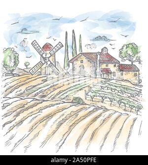 Watercolor Vector Farm Engraved Style Drawing, gray Lines on White Stock Vektor