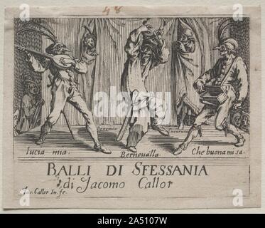 Frontispiz, 1621. Jacques Callot (Französisch, 1592-1635) Frontispiz von Balli di Sfessania, 1621 Radierung und Gravur John L. Abfindungen Fonds 1991.97 Dies ist der Titel der Seite aus einer Reihe von 24 Radierungen verbunden mit der commedia dellarte, eine Form des komischen Theaters in Italien während der 1500s entwickelt. Der eigentliche Titel und Inschriften sind zu einem Karneval Tanz und Gesang von Neapel. Stockfoto