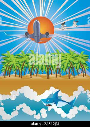 Grosses Flugzeug fliegen über tropische Insel mit Palmen. Stock Vektor