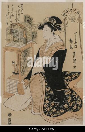 Der hinazura Chojiya aus der Serie Schönheiten wie die Sieben Komachi, C. 1793-97. Sieben Spiele auf Legenden aus dem Leben des 9.-Jahrhundert Dichterin Ono no Komachi diente als Quelle für diese Serie drucken. Auf der linken Seite, entertainer Takigawa blickt auf einen hängenden Blättern, Komachi, wie sie in einer Szene aus dem Spiel der Grabstein wird angezeigt. Auf der rechten Seite, Hinazura sieht einen Käfig Vogel, Symbol für das Spielen der Papagei, in der Komachi reagiert auf ein Gedicht zu ihr geschickt durch den Kaiser Yozei mit einem Gedicht mit nur einer Silbe geändert. Stockfoto