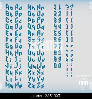 Eingestellt von isometrischen pixel Alphabet und Zahlen blau. Vector Illustration. Stock Vektor