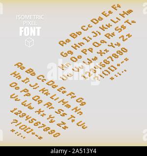 Eingestellt von isometrischen pixel Alphabet und zahlen die Farbe orange. Vector Illustration. Stock Vektor