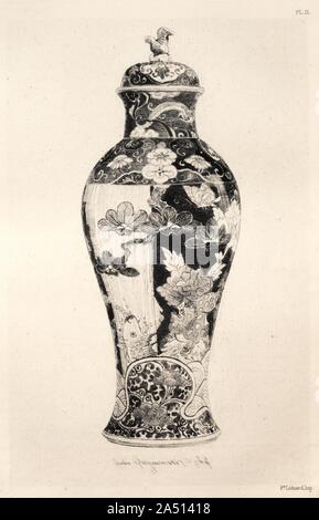 Die Geschichte der keramischen Kunst: Ein beschreibender und philosophische Untersuchung der Töpferei jeden Alters und aller Nationen: Japan: Chrysanthemo-Paeonian Familie. -Jar, "Potiche", mit dem Hund der Fo und ein Karpfen springen aus dem Wasser (Tafel III), 1877. Stockfoto