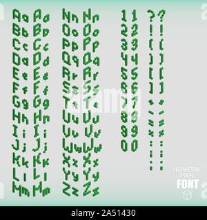 Eingestellt von isometrischen pixel Alphabet und zahlen grüne Farbe. Vector Illustration. Stock Vektor