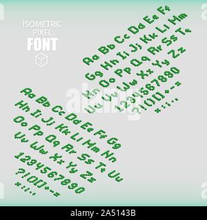 Eingestellt von isometrischen pixel Alphabet und zahlen grüne Farbe. Vector Illustration. Stock Vektor