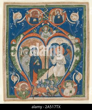 Erste [ngelus Domini descendit] aus einem antiphonar: Die Drei Marien am Grabe, C. Anzeige 1280-1300. Dieses große anfängliche EIN stellt die Matutin (ca. 2:30 Uhr) Antwort für Ostern: Angelus Domini descendit de Celo... (Ein Engel des Herrn kam vom Himmel...). In dem Schreiben, dass der Text beginnt, wird häufig und in angemessener Weise mit der Darstellung von diesem Ostermorgen Veranstaltung eingerichtet. Die drei heiligen Frauen, bekannt als "die drei Marien" (Maria Magdalena, Maria, die Mutter des Jakobus, und Salome) dargestellt nähert sich Jesus Grab mit Gläsern von Spice den Leib zu salben. Sie sind durch einen Engel in d-met Stockfoto