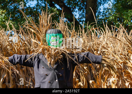 Lansdale, PA - Okt. 5, 2019: Ernte Tage Veranstaltung Merrymead's Farm enthält viel Spaß Dekorationen einschließlich dieser Frankenstein design jack o lantern Er Stockfoto