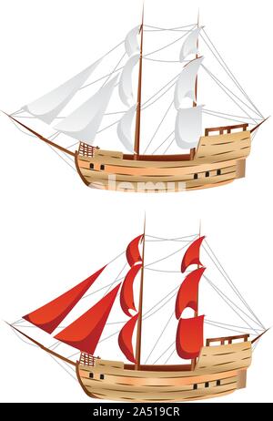 Alte Klassiker segeln Schiff unter vollen Segeln auf weißem Hintergrund. Stock Vektor
