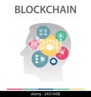 Blockchain Infografiken vektor design. Timeline Konzept gehören Block, Verteilung, Nachweis der Beteiligung Symbole. Kann für den Bericht verwendet, Präsentation. Stock Vektor