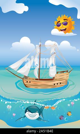 Cartoon alte hölzerne Segelschiff im tropischen Meer. Stock Vektor