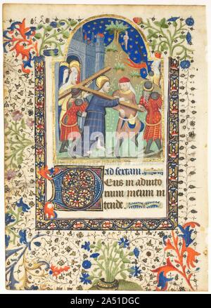 Blatt aus einem Buch von Stunden: Christus das Kreuz tragen (Sext, Stunden des Kreuzes), C. 1410-1420. Innerhalb von Stunden, die Stunden des Kreuzes in der Regel erhalten nur eine Miniatur, ein Kreuzigung, als deren Einführung. Es gibt jedoch Ausnahmen, und in einigen Büchern von Stunden eine Leidenschaft Zyklus von sieben Miniaturen, eine für jede Stunde (außer Laudes), konnte gefunden werden. Das vorliegende Blatt mit Ihrer miniatur Christi das Kreuz tragen würde Teil wurden von einem solchen Zyklus der Bilder, in denen es eingeführt die Sext (von der Rubrik bestätigt, Ad Sextam). Die Zusammensetzung zeigt Christus arbeitenden an suppo Stockfoto