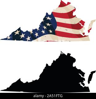 Virginia mit im Alter von USA-Flagge eingebettet und schwarze Silhouette isoliert Vector Illustration Stock Vektor