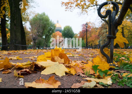 Herbst Landschaft, Park Pfade mit Laub bedeckt. St. Petersburg Alexandrovsky Park. Stockfoto