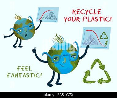 Vektor Prinzipdarstellung der niedlichen Charakter des Planeten Erde die Menschen lehrt, wie Kunststoff und Abfälle zu recyceln. Stock Vektor