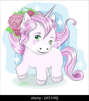 Lustige kleine Pony Einhorn mit langen Haaren, und mit Blumen im Haar. Stock Vektor