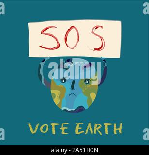 Vector Illustration des Planeten Erde mit einer Rallye Banner. Verschmutzten Planeten Erde um Hilfe bittet. Ökologische Poster. Stock Vektor