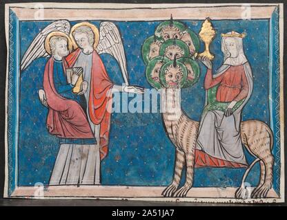 Miniatur aus einer Handschrift der Apokalypse: die Frau auf dem scharlachroten Tier und der Fall Babylons, C. 1295. Die visionäre Text des Hl. Johannes des Evangelisten Apokalypse, das letzte Buch des Neuen Testaments, inspiriert, diese Bilder des Heils, der Sünde und des göttlichen Vergeltung. Eine große Anzahl von illustrierten Bände der Apokalypse erschienen im Norden Europas, insbesondere in England, nach dem Jahr 1240, die möglicherweise Ausdruck der Angst vor der Welt zu Ende. Stockfoto