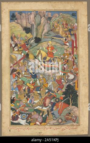 Mughal Herrscher Humayun besiegte die Afghanen vor Indien zurückzuerobern, Folio aus einem Akbar-nama (Buch von Akbar) von Abu &#x2019;l Fazl (Indisch, 1551-1602), C. 1590. Babur &#x2019;s Sohn Humayun war aus Indien von einem afghanischen Rebellen im Jahre 1540 verdrängt, nach zehn Jahren kam er auf den Thron. Nachdem er 15 Jahre im Exil, Humayun kehrte mit militärischer Unterstützung aus dem Iran und erfolgreich zurückerobert Delhi. Er brachte auch aus dem Iran sieben königlichen Hof Künstler, die eingeladen wurden, ein mughal Malerei Atelier zu starten. Zu Beginn seiner eigenen Biographie, Humayun &#x2019; s Sohn Akbar dieses Bild o enthalten Stockfoto