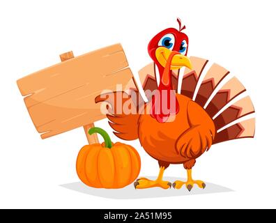 Happy Thanksgiving, Grußkarten, Poster oder Flyer für den Urlaub. Thanksgiving Truthahn verweist auf hölzernen leer Zeichen. Vector Illustration mit Ahorn leav Stock Vektor