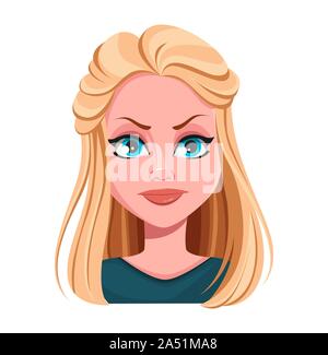 Gesichtsausdruck der schönen blonden Frau, verärgert. Weibliche Emotion. Süße Dame cartoon Charakter. Vector Illustration auf weißem Hintergrund. Stock Vektor