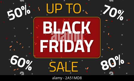 Schwarzer Freitag Verkauf Animation mit bis zu 50,60,70 und 80 Prozent über dunklen Hintergrund Stockfoto