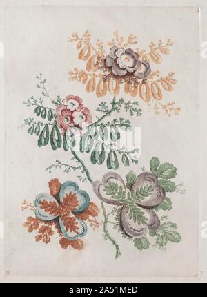 Neue Suite von Portfolios von Blumen Ideal zu Nutzen für die Gestaltung und Malerei: florale Phantasien, C. 1796. Als Maler und dekorative Künstler, Jean Baptiste Pillement verziert eine breite Palette von Objekten, darunter Keramik, Textilien und andere Haushaltsgegenstände. Er beschäftigt mehrere Grafiker seine Entwürfe, die dann in ganz Europa verbreitet wurden zu kopieren. Die besten der Grafiker, Anne Allen, die geätzte platine Farbige&#xe0; La poup&#xe9; e. Anstatt eine Platte für jede Farbe, eine einzelne Platte wird gezielt in verschiedenen Farben können Sie über stümpfe der Lumpen, als Puppen (poup&#xe9 bekannte eingefärbt; e Stockfoto