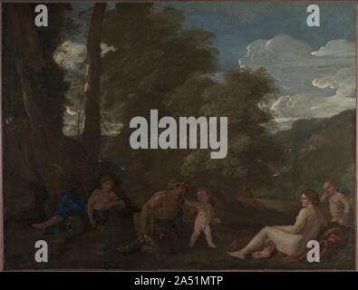 Nymphen und ein Satyr (Amor Vincit Omnia), C. 1625-1627. Wie seine Kollegen Claude Lorrain, Poussin, historische und mythologische Themen in Landschaften, die durch die Landschaft rund um Rom inspiriert dargestellt. Seine Themen waren oft komplexe und häufig Incorporated witzige Anspielungen auf klassische Texte. Hier, eine spielerische Cupid Schlepper, Pan, der goatlegged griechische Gott des Waldes, in Richtung Venus, die Göttin der Liebe. Das Gemälde zeigt geschickt die Lateinische Phrase Amor Vincit Omnia, oder "Liebe besiegt alles" (Griechisch: Pan bedeutet "Alle"). Die waldlandschaft stellt das idyllische Paradies von Pan Stockfoto