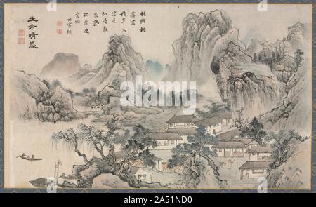 Einer der Acht Ansichten von Xiao und Xiang Flüsse, 1788. Durch den frühen Alter von 25 Jahren, Tani Buncho hatte bereits die Literaten Malerei Stil der Ming Dynastie Wu Schule gemeistert. Seine 1788 Gemälde der Acht Ansichten des Xiao und Xiang Rivers zeigen deutlich, einen Stil, der aus nicht nur die südliche Song inspirierte Mode von Muromachi Tuschemalerei unterscheidet sich aber auch die Kano Schule. Inschriften, die von der konfuzianischen Gelehrten Ichigawa Kansai (1749-1820) auf die Rückkehr der Segel aus einer fernen Küste, und die Inschriften von anderen Eliten auf die verbleibenden Abschnitte, deuten darauf hin, dass diese Wu Schule Stil Gemälde wurden möglicherweise um Stockfoto