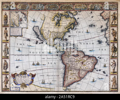 Karte von Amerika durch Kartograph Johannes Geschwindigkeit veröffentlicht ca. 1627. Die kartusche, unten links, liest: Amerika mit den bekannten Parts, dass unknowne worlde sowohl Menschen und die Art und Weise der Gebäude. Kalifornien ist als eine Insel dargestellt. Stockfoto